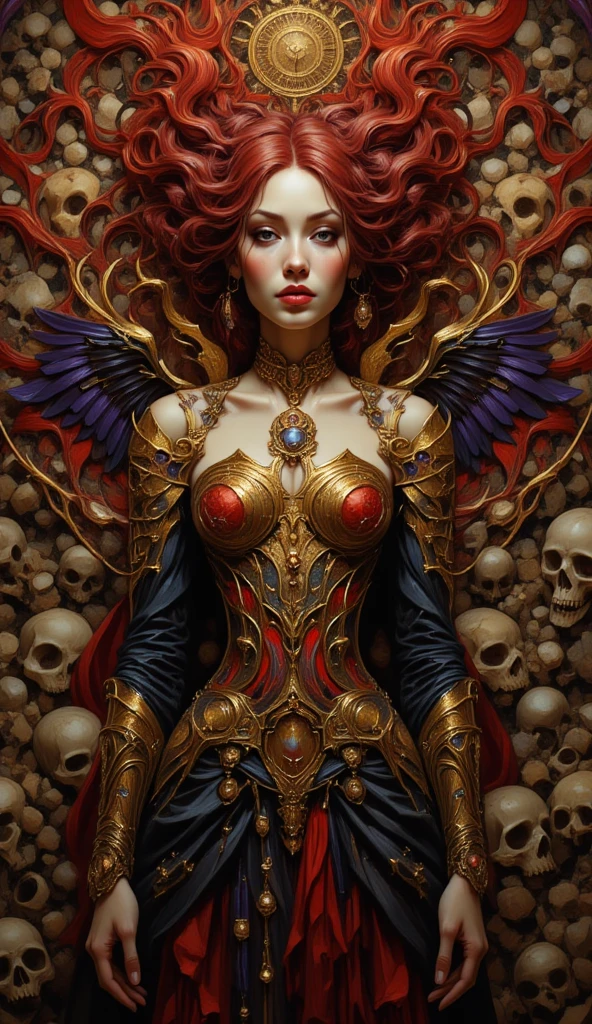 The stunning death angel’s intricate body poses are accentuated by a biomechanical cyborg aesthetic captured with an analog 150mm lens, cleavage, enhanced by a soft natural rim light and neon (gold, silver, ruby, bronze) veins. The roots and fine foliage lace adds to the beautiful detail, complementing the colorful intricacies of the Boris Bidjan Saberi outfit, pearl earrings, and art nouveau fashion embroidery. Mesh wires and mandelbrot fractals intertwine with facial muscles, cable wires, and microchips, creating a badass hyper-realistic visual. The ultra-detailed render is brought to life with volumetric lighting and an 8k post-production, showcasing the red and white hues with a touch of black. Detailed metallic bones and iridescent colors add a Glenn Brown-style to the semi-human appearance, set in a futuristic room, embodying the power of the gods with a high-angle shot. The complex 3D render is ultra-detailed, making it a masterpiece in its own right. (background of (ruby and emerald and sapphire) veins)