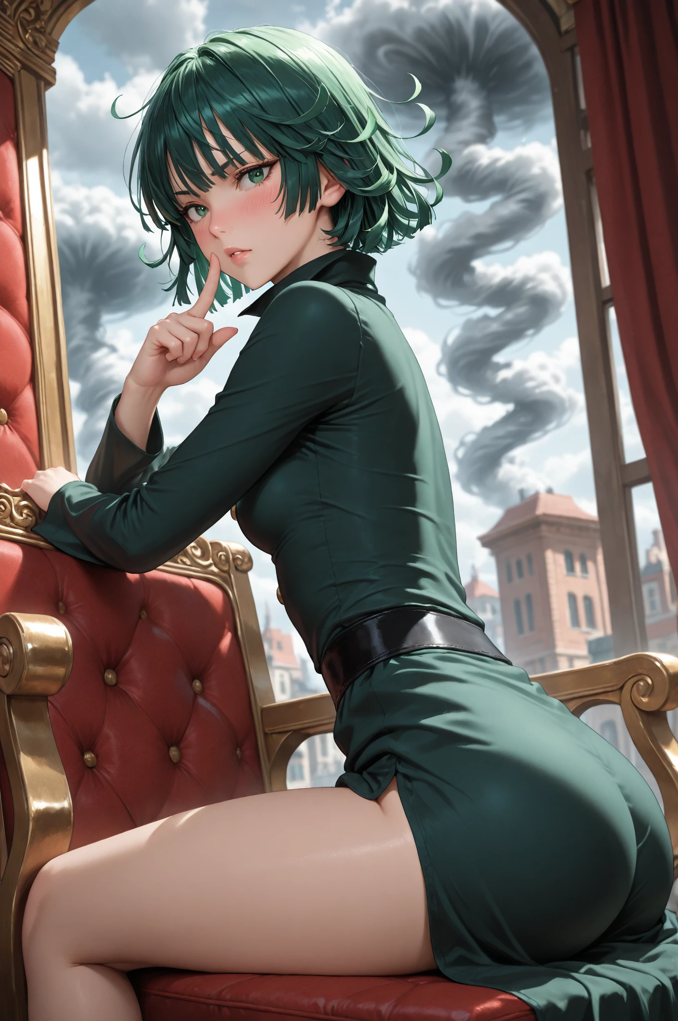 (Masterpiece, Best Quality:1.2), 独奏, 1girl, tatsumaki, unamused, closed mouth, looking a viewer, sitting, 她穿着敦煌飞天衣服, thights, широкие thights,