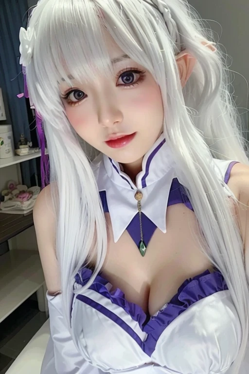 Impeccable，（（（from above））），（（（octave shot））），Ultra-clear，Volumetric lighting，realistically， and cute， Cute little loli，very shy，Sexy big breasts， fair and soft skin， Eyes are very delicate，Delicate nose，delicate little ，（（（blue））），one of the beautiful girls，cute female ，round little face，（External），bare shoulders，Naked waist，the creamy smooth skin，full-body shot，anime character costumes