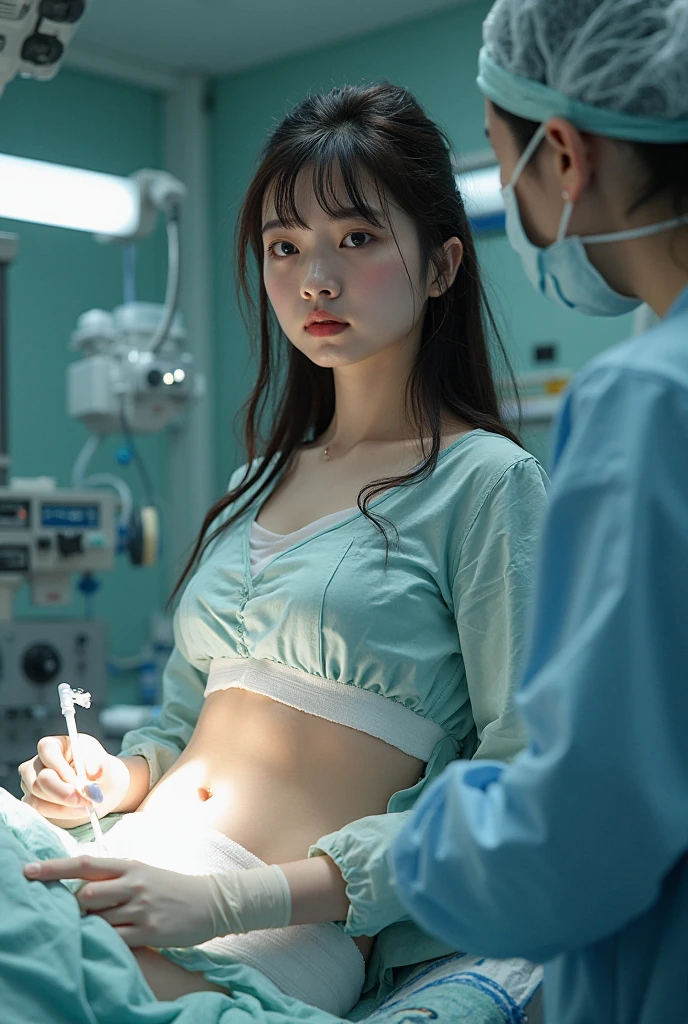 A beautiful Japanese girl with fair skin and angelic features..... She is a teenager、Looks like a slender middle school student. The girl is wearing a ballet costume, tome'a little embarrassing for her. She has a childish appearance with a flat chest. The stage is a hospital, especially in pediatric wards. The doctor is conducting a medical examination of the girl, Includes genital examination. The atmosphere inside the hospital is professional and clean..... The girl is a little nervous about the vaccination she is about to receive..... The artwork is、Must be realistic, Highly detailed photorealistic quality, high resolution render。. Color palette should be soft and pastel, Gives a cute and innocent atmosphere. Lighting should be balanced and natural, Beautifully illuminate the scene.、Show nipples、put on underwear、Underpants1becomes a sheet、Flipping through underwear、Pained look、receive an injection、Hold the knife
