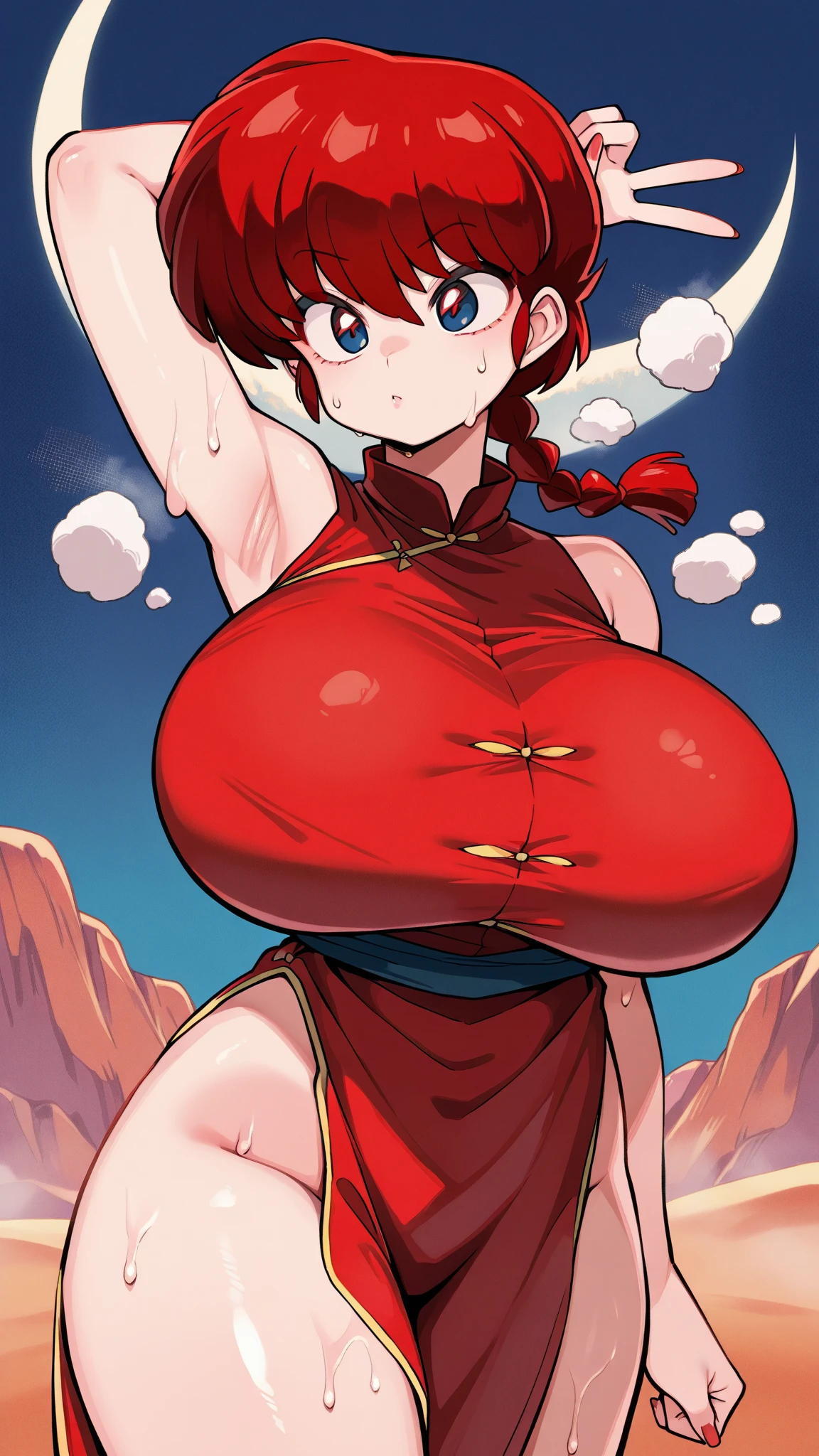 Colorful deliciousness, superfine illustration, full_Body, view straight on, Thick_thighs thighs thighs thighs, Flying_drops of sweat, fatness, girl,Woman,Female, 年轻,20 years old, Ponytail, snowflakesdetailed cute anime face, nose blush, Huge_breasts, Chinese_Clothes,