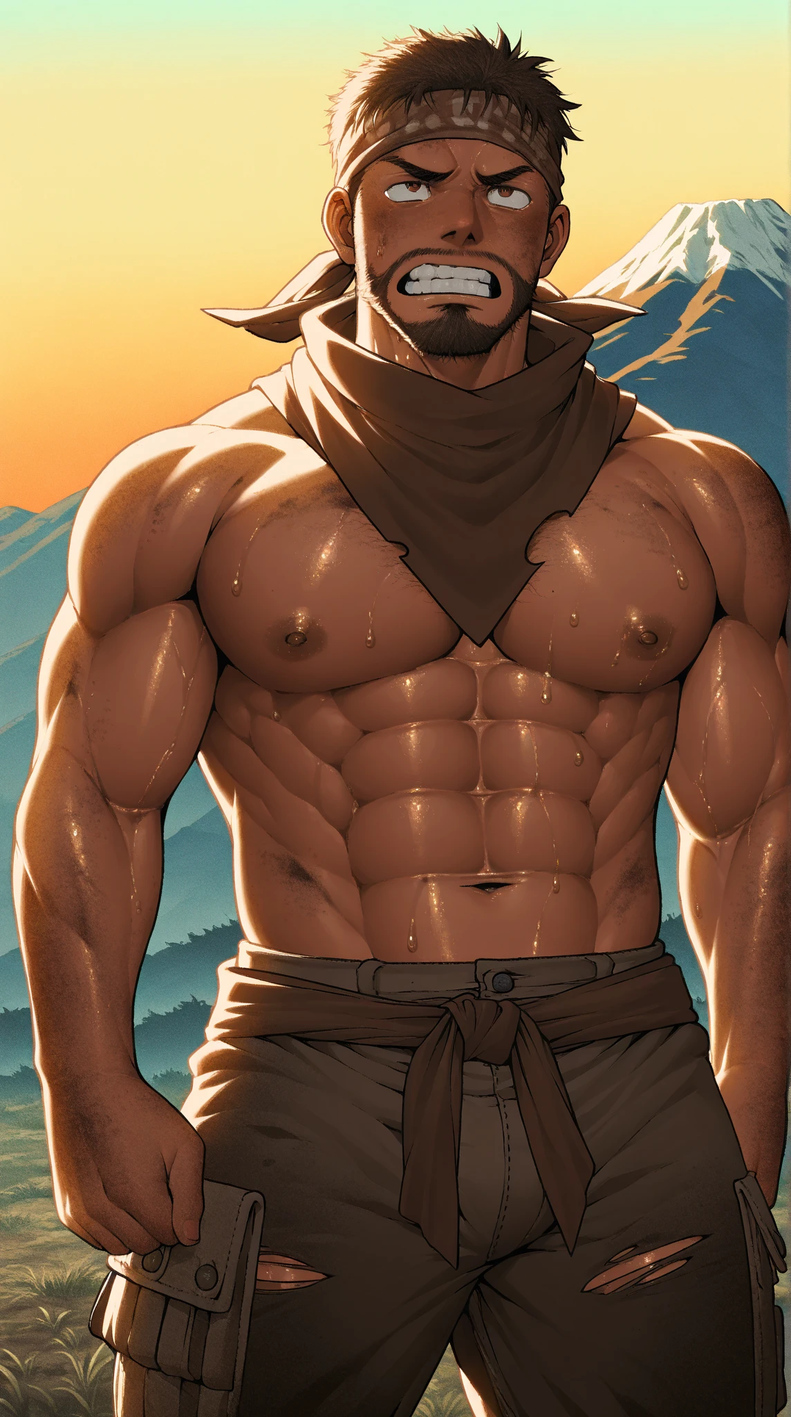 old Joseph Joestar from jojo bizzarre adventure with beard and white hair, wearing no shirt, body skinny, ele está wearing no shirt e com calção de banho e óculos escuros em uma piscina em meio a um deserto