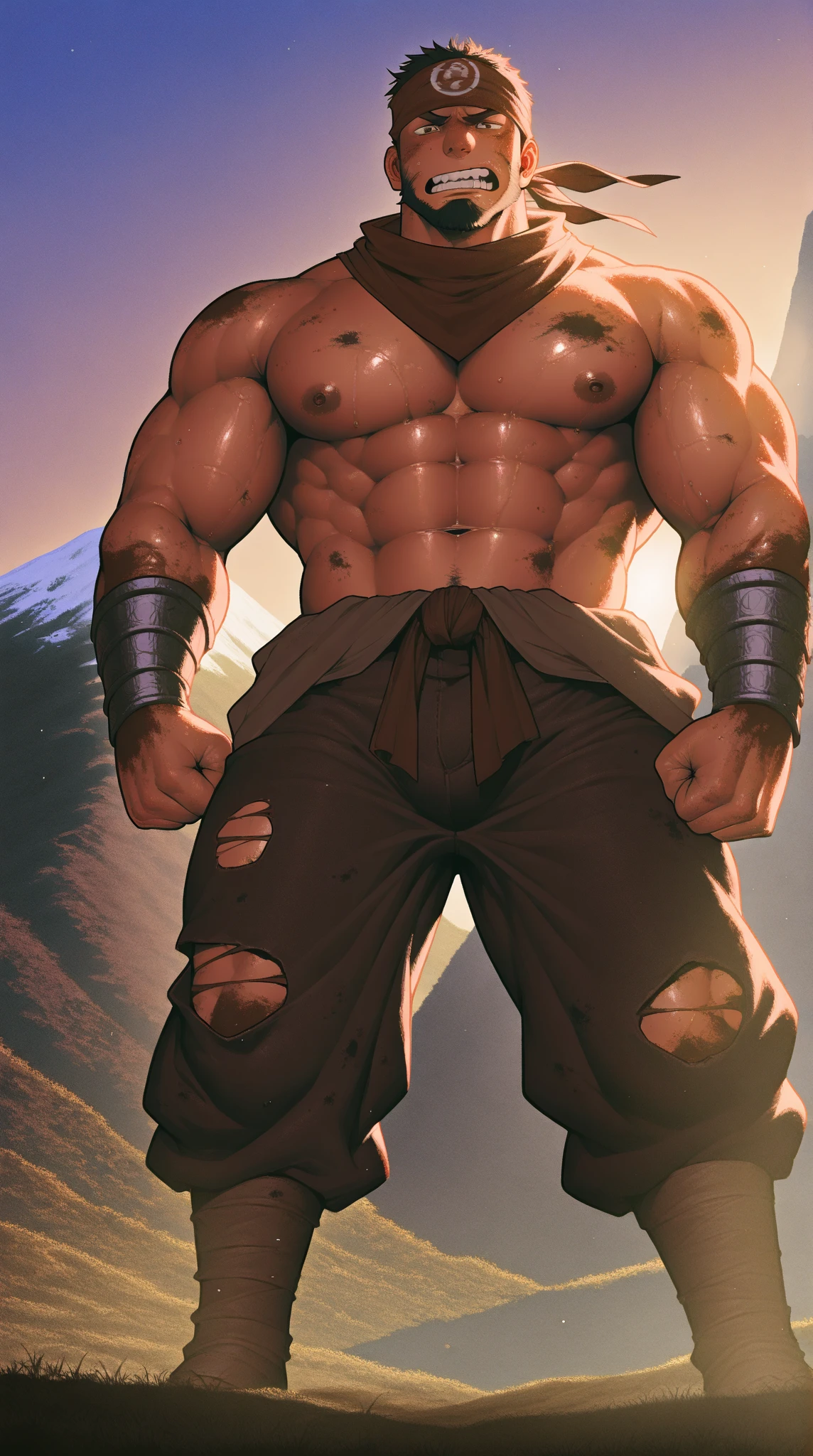 (Full body) (photo subject: Close-up of muscular thigh muscles ) (photo angle from bottom up)(Drawings of Naruto anime) (photo angle from the ground upwards) [Anime photo][highest quality photo][4k,HD photo quality ] wear tight and short loincloths soaking wet ,the loincloth bulges due to the erect male genitals (muscular thigh muscles, firm thigh muscles, muscular thigh muscles, sinewy thigh muscles, giant thigh muscles, strong leg muscles, muscular hamstring leg muscles) ,Uzumaki Naruto fun, happy,bodybuilder,bodybuilding, standing, red skin, pink skin, tanned skin,reddish brown skin, lots of sweat flowing down, topless, shirtless, hot sunny, (do not wear banners,do not wear headbands)
