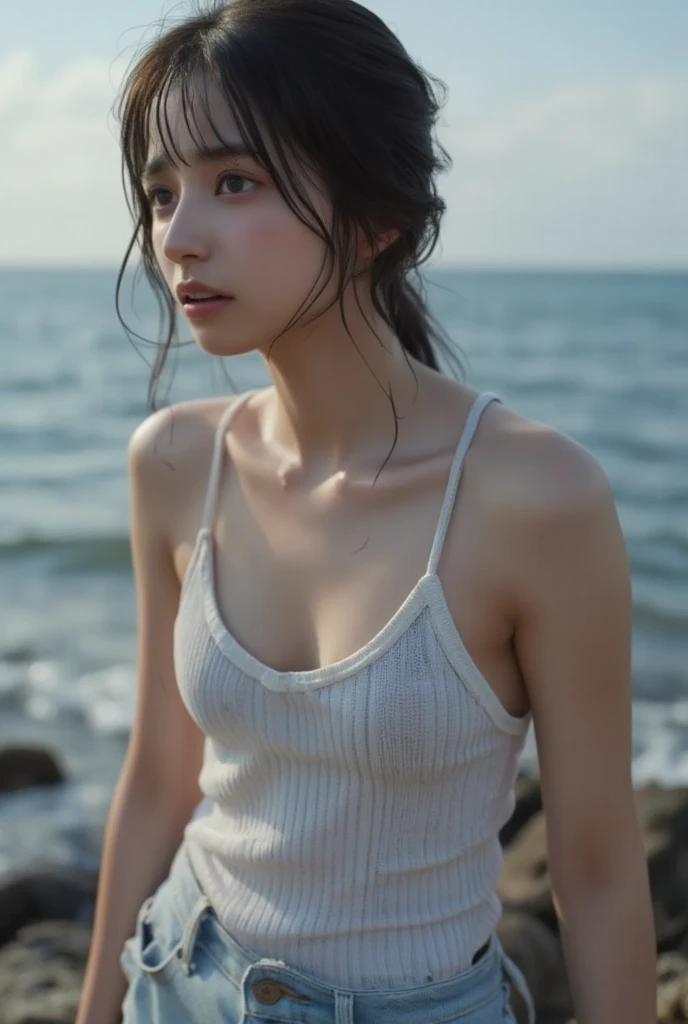 Hair blowing in the wind、Wet Skin、Wet Hair、Wet clothes、Coast at dusk,A cute girl with a face like a Japanese idol, Short Hair, Skinny body、athlete、(Cinema Lighting),(Natural light),(High level of artistry),(artistic),(Indistinguishable quality from the real thing),{{RAW Photos}},{{Genuine}},High resolution,masterpiece, beautiful, Handsome Tomboy, Looks like a salon model, Cool face, nsfw,、Puzzled、shame、sleepy、(Spoiled:1.4), Cowboy Shot、Bold and sexy model pose、No sleeve、High neck、turtleneck、See-through bodysuit