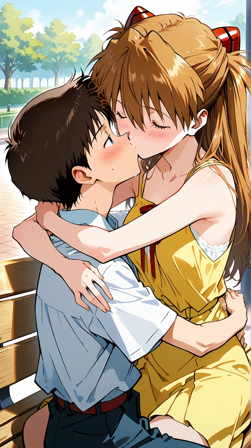 Amanogawa Kirara, PreCure, score_9, score_8_up, score_7_up, score_6_up, score_5_up, score_4_up, BREAK,official art,source_anime, rating_explicit,uncensored, 1young boy and 1girl, oneshota, the boy is completely nude, suspended congress, sex, face to face, kiss, hug, leg lock, megami magazine, anime screencap, BREAK 1girl, large breasts, dark brown hair, low twintails, long hair, yellow shirt, white panties, purple hairband, hair bow, bangs, bow, off-shoulder shirt, blunt bangs, outdoors, indoors, nose blush, trembling, motion lines, sweat, steam, closed eyes, legs lock, from side, profile