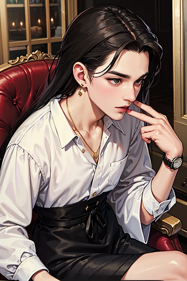 Masterpiece, Best quality (surrealism: 1.3), Excellent, quality, Rembrandt lighting, (masterpiece: 1.2), (realism: 1.2), (Best quality), (skin detail: 1.3), dramatic, Idyllic, 1 young man. Long black hair, young, modern clothes, sitting on a red sofa, (simple T-shirt, slender, strong body, sinewy arms, broad shoulders, tight stylish trousers, hands decorated with belts, bracelets). (interior - room, lamp light). ((expressive eyes)), brown eyes, black hair. Modern Clothing (surrealism: 1.3), Excellent, high quality, Modern Clothing. realism.