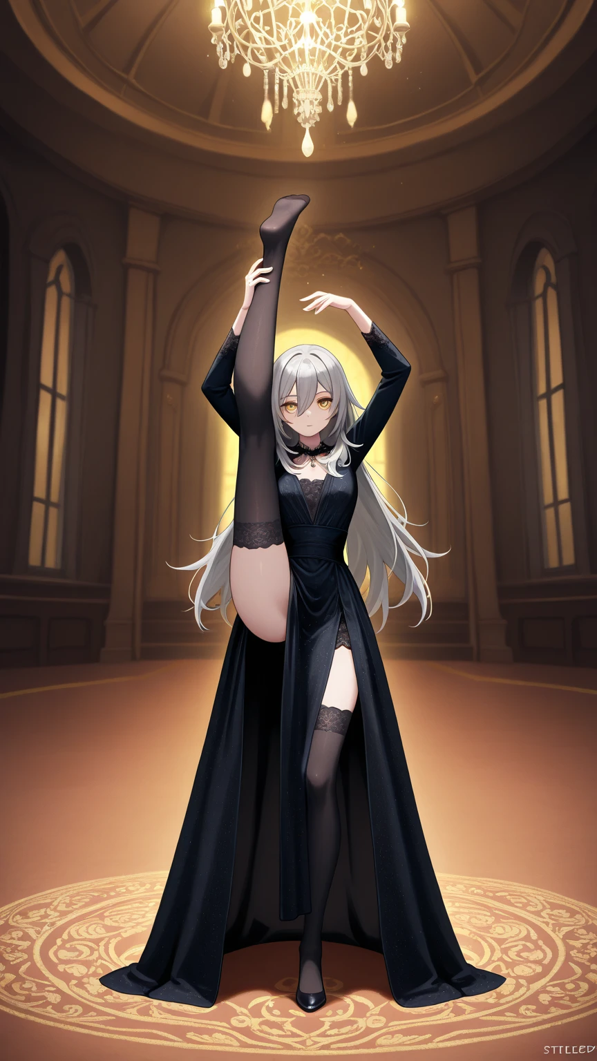 anime style girl 1,70 long light gray hair gray skin shark teeth and gray eyes and light gray pupils very thick and strong legs thick thighs, but without breasts (it's flat chest) posing to see her clothes in a classroom while wearing a very long black hooded cape that trails on the ground with the hood up a full body leotard with black boots ( arms and legs must be covered )