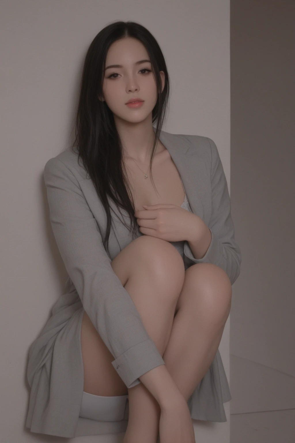 ((wallpaper 8k)), ((high detailed)), ((masterpiece)), ((best quality:1.2)), ((photorealistic:1.4)), ((ultra-detailed)), (ultra high res), ((hdr)), ((absurdres)), ((RAW photo)), cinematic lighting, 1girl, (full body:1.6), wide shot, beautiful woman, beautiful face, cute:1.3, kawaii:1.3, young, 20 years old, university student, intern, dynamic pose, naked, nude, armpits:1.3, (spread legs:1.3), pale skin, light brown hair, sexy, curvy hair, medium hair, slim body, thin waist, defined abs, small breasts, tiny breasts, thin thighs, choker, (loop earrings), (black heels), (black high heels), pussy, vagina, anus, in empty meeting room, conference room, office chair, office table, computer, window, embarrassed:1.2, removing black suit jacket