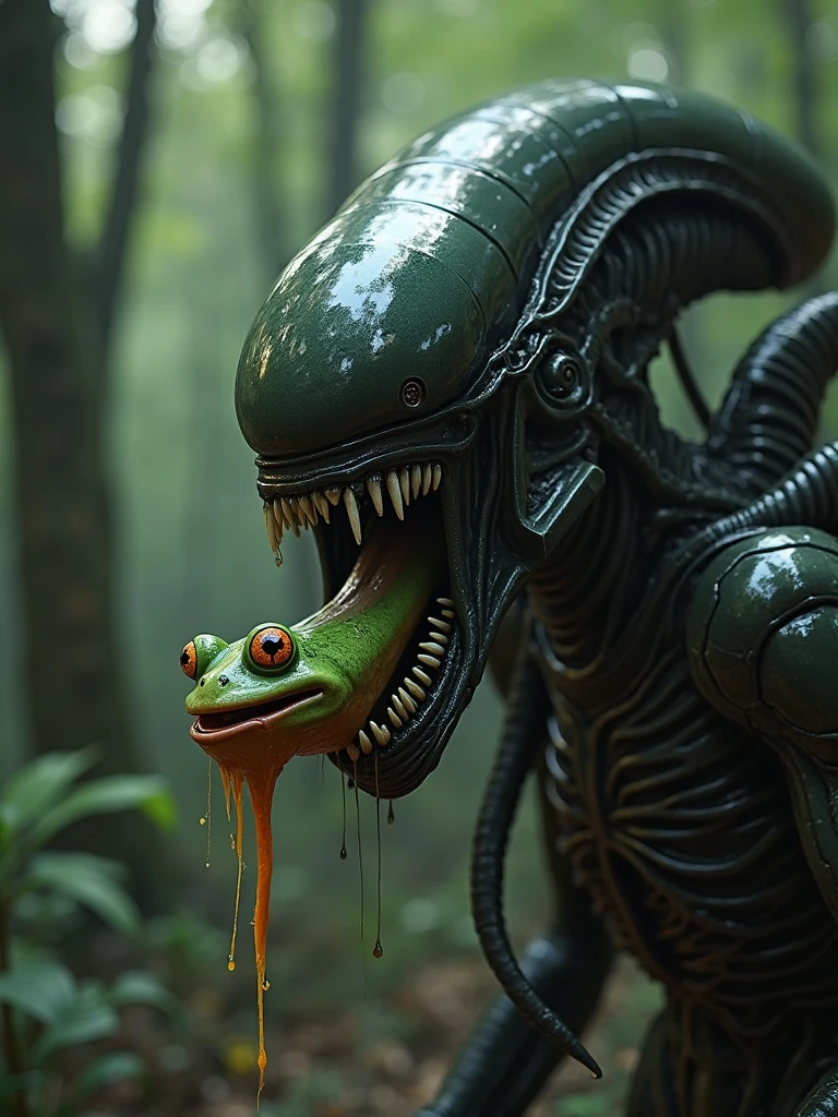 Xenomorph, alien, eating salad, fork in hand, mucus flows from the mouth, score_9, score_8_up, score_7_up, score_6_up, score_5_up, score_4_up