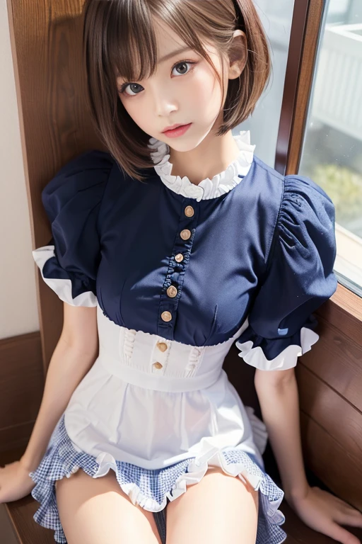 ((Real Photo Quality))、((masterpiece)), ((highest quality、Ultra high definition)), (Very detailed),8K、Photo quality、(((Amazingly cute girl))), 16-year-old girl, (Beautiful emerald blue eyes), (smile),Glossy lips、In the open-air bath overlooking the sea, Beautifully arranged black hair in twin tails、Lace fabric ribbon、whole body、((Super high-end white see-through summer gothic lolita maid costume、A super mini skirt with lots of frills))、Professional Lighting、(White lace knee-highore detailed and beautiful)、(More details and cutenesore realistic)、