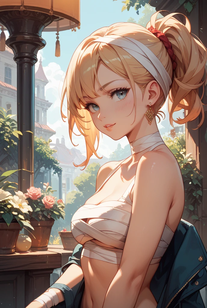 1girl, elaborate blonde updo hairstyle with bangs, almond shaped green eyes, wearing a white regency inspired dress with simple gold, and flower accessories, slight makeup, rose lipgloss, smiling softly, absurdres, high res, ultrasharp, 8k, masterpiece, standing on a terrace, infront of a beautiful landscape, vibrant blue sky in the background