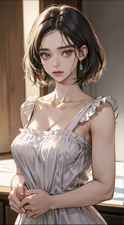 masterpiece, best quality, minazuki ruka, yellow dress, pantyhose, cleavage, upper body, looking at viewer, haunted house, dark, night, moon, hand to chest <lora:ruka-nvwls-v1-000010:0.9>