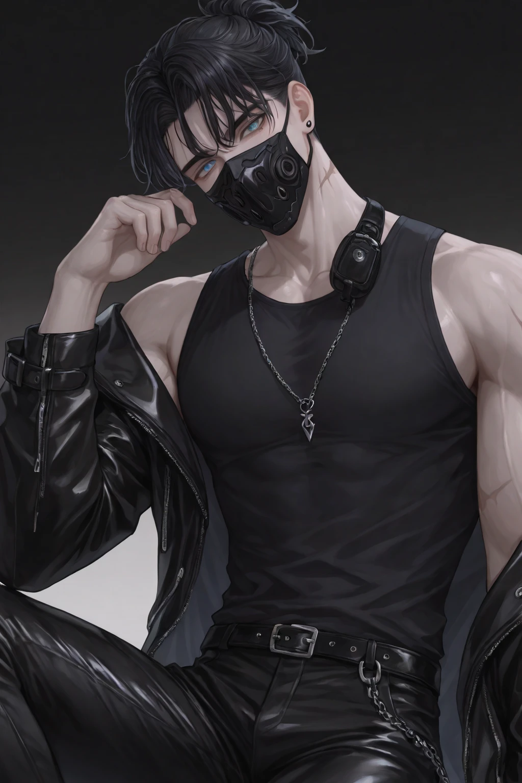 1 boy, Realistic, mask, detailed mask, orange eyes, detailed eyes, detailed skin, detailed hair, detailed face, detailed hand, detailed short, detailed boddy with chain, detailed mouth,