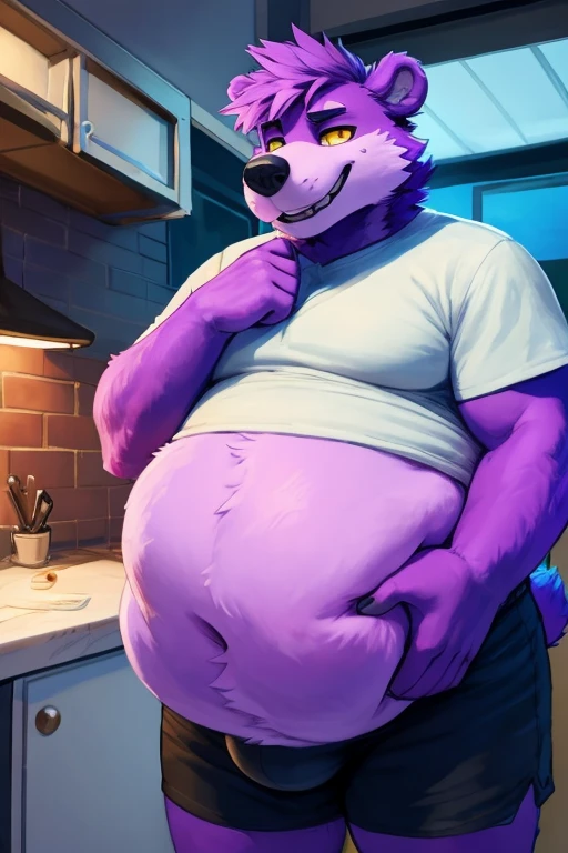 masterpiece, best quality, 8k resolution, Very detailed, hairy,Wild Boar,((purple hair)),Fat,((Sweating)),(((Blue pupils))),For the audience,(((Sitting on the sofa))),portrait,(((Shirtless))),(Highest quality scene),(((Thong))),(((Blushing))),(((Hip bulge))),(((Ultra clear eyes)),((Solitary)),((whole body)),(((Fat-enclosed muscle))),((Mature)),(((Uncle))),((Shame))