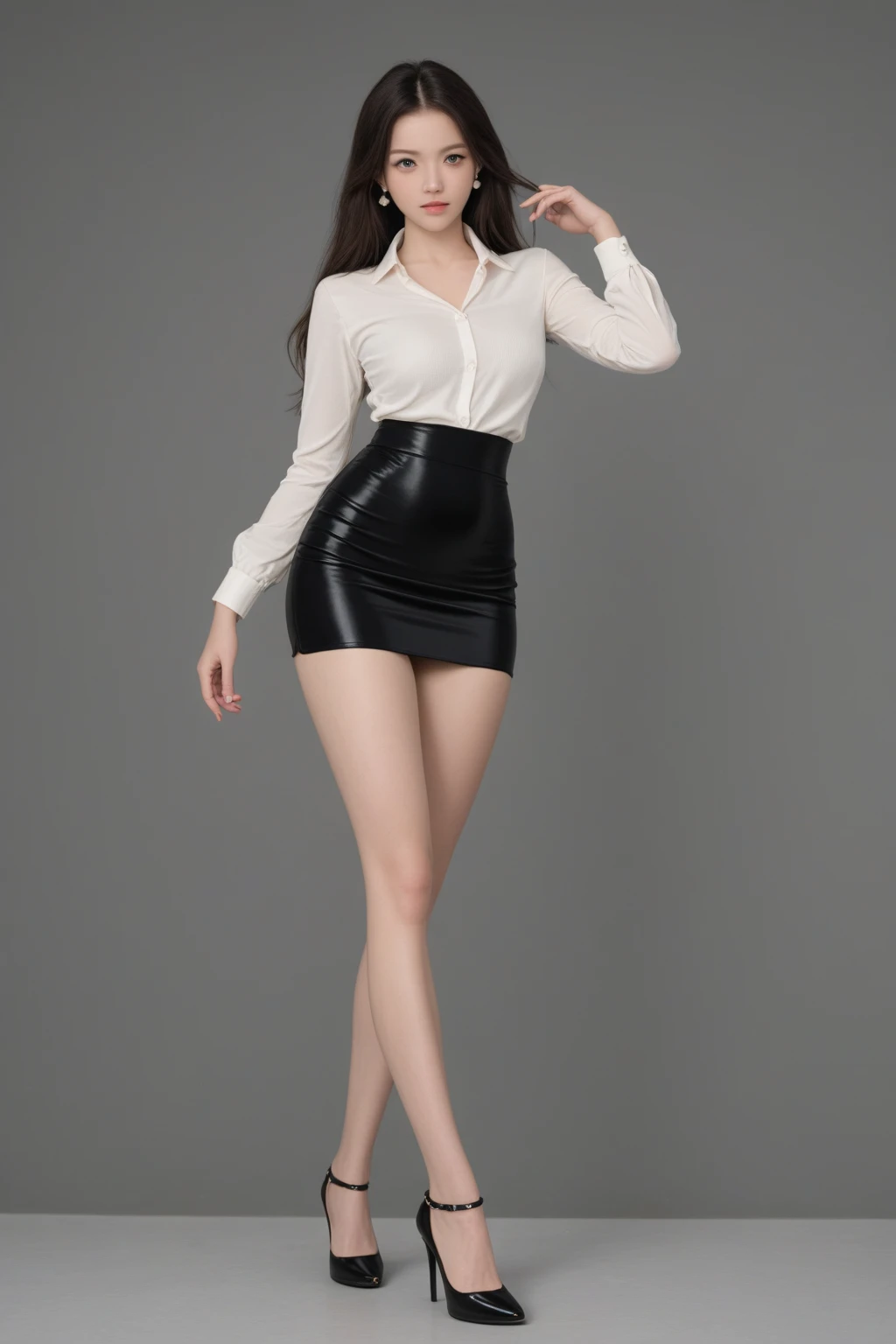 fotorrealista, high resolution, 1 mulheres, sozinho, Quadris_em cima, hips up, Olhos bonitos, Olhe para o Visualizador, close lips, Rosto detalhado, cabelos brancos, cabelos longos, camisa de gola, gravata preta,black skirt, pencil skirt, casaco de pele, Meias, biblioteca
