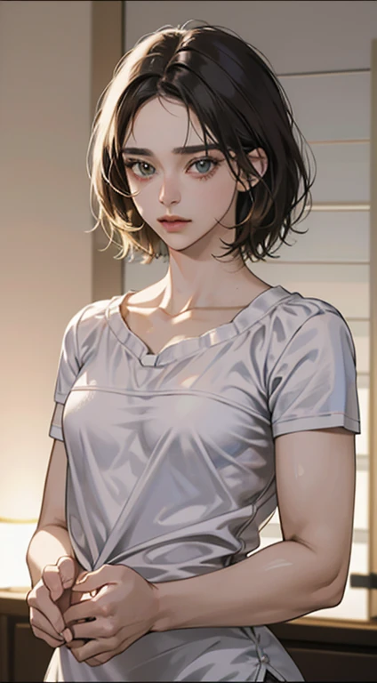 (((masterpiece, best quality, ultra highres, 1 girl, solo, no background))), super detailed skin and face and eyes and finger, beautiful japanese woman, small breasts:1.5, skinny, light brown hair, very short hair,pixie haircut, cowboy shot, white background, 2D anime, boyish, expressionless, Various clothes, Various poses, Please draw the entire character within the frame, ensuring that the head, arms and legs are not cut off, with the character positioned centrally, nipple dots, pajamas,