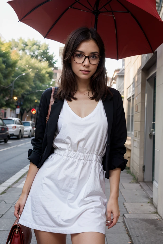 1girl, beautiful, (side view, tilted head, turned looking at viewer, light smile), brown hair, brown eyes,  long hair, strong windy day, headwind, her hair flowing in the wind behind her, hand tucking her hair behind her ear,  ((big round glasses)), long raincoat fluttering int the wind, raincoat flaps in the wind behind her, white blouse plastered to the chest, braless, autumn leaves flying, sexy, charming, stunning,  enhance, delicate, (pale skin, real_skin), sunlight, golden hour, 
autumn, wind, tree, fallen leaves, outdoors, best quality, high quality, highres, 8k, photo realistic, raw photo,
