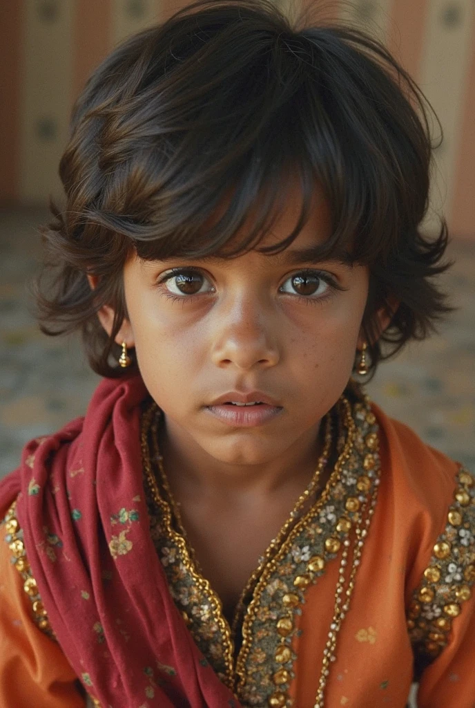 A photorealistic portrait of a 13-year-old Indian boy with white curly red hair, dressed in casual attire, close-up shot, 8k hdr, highly detailed, capturing a sense of curiosity and innocence, illuminated by warm afternoon sunlight in a bustling city setting.