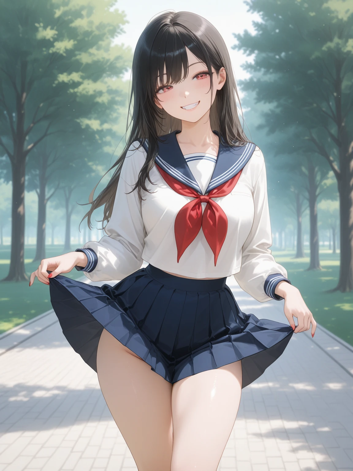 1girl as yukino yukinoshita ,black hair,Red ribbons ,((Impatient expression)),Beautiful breasts,White shirt,pleated skirt ,well-styled, (Facing the front)(((Blushing cheeks、embarassed expression)),(((The skirt is rolled up by the wind)))