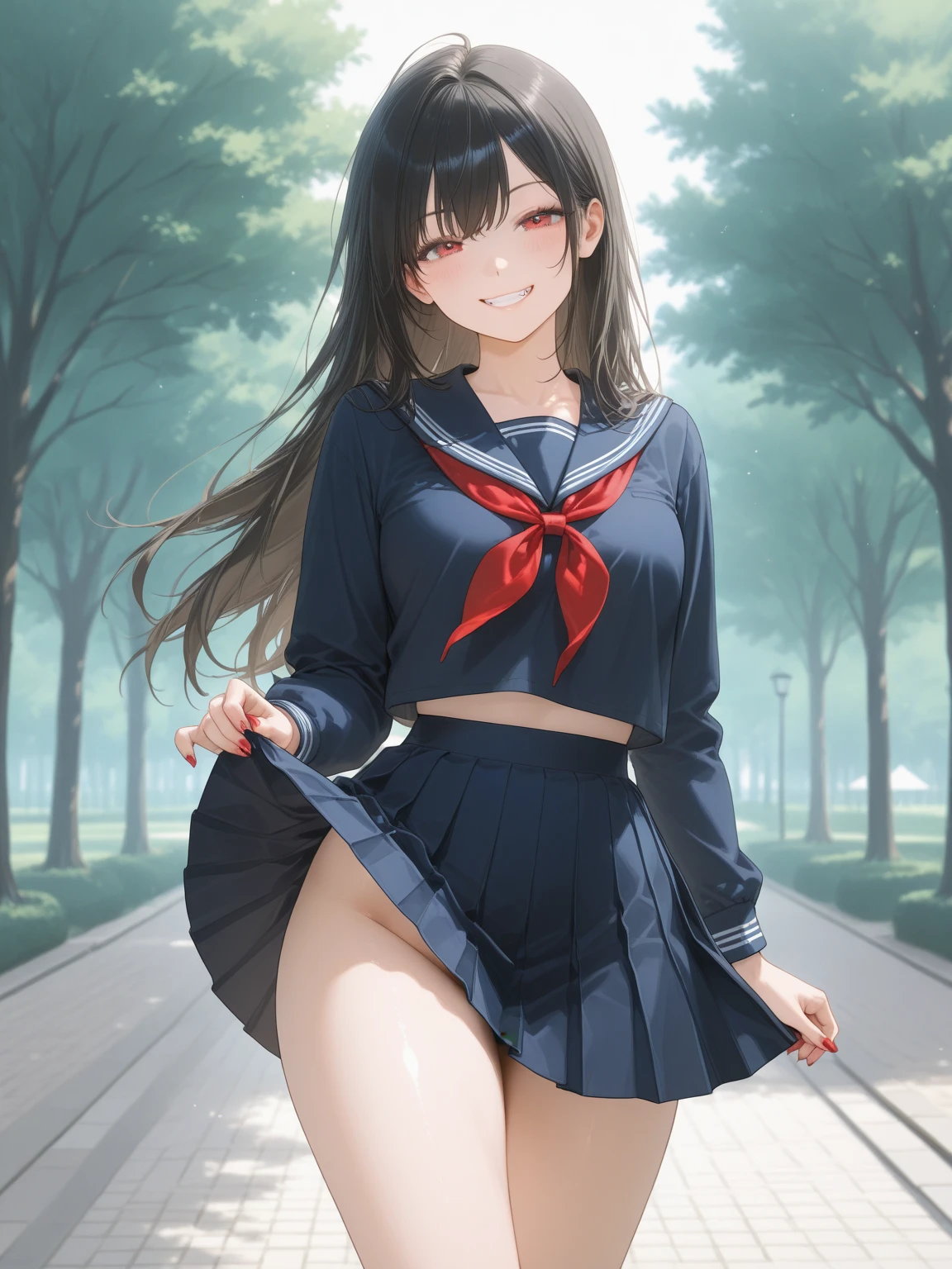 Young girl with black hair, long twintail, twintail hairstyle, (blue eyes), ((small bushy eyebrows)), (wolf ears up), wearing gothic lolita, lolicon clothes, going to school, dull eyes, dull face, going to school, flirtatious smile, small and perky breasts, in a park, wide hips,