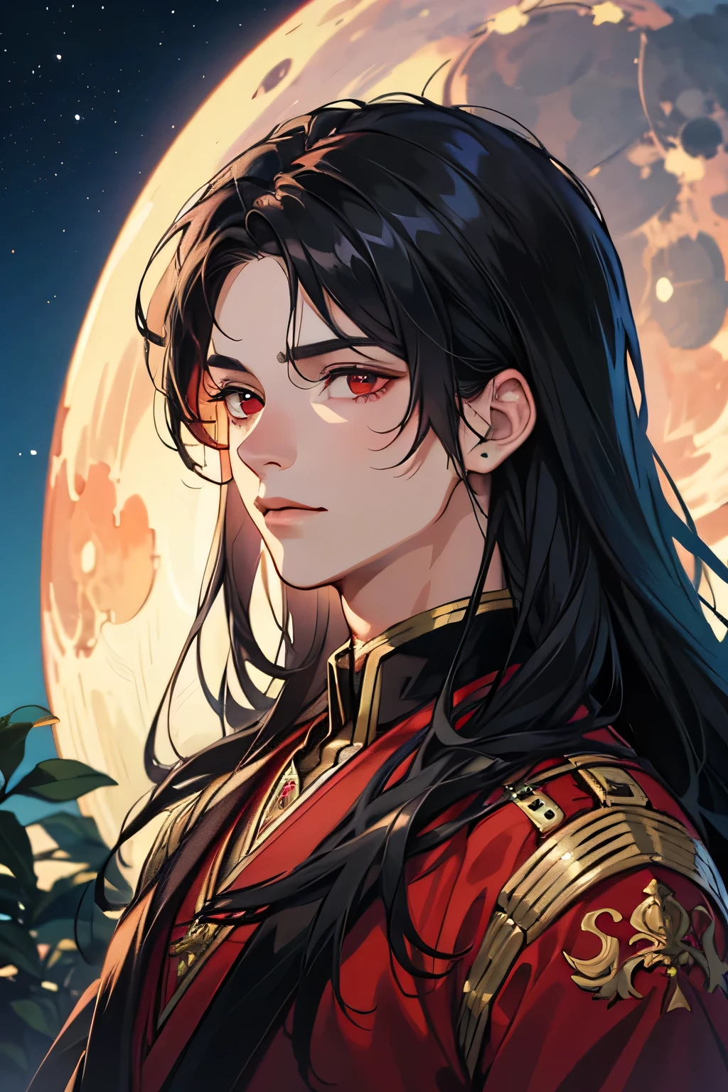 A warrior with red and black armor and long black hair and a mask covering his mouth, meditating in a tree.