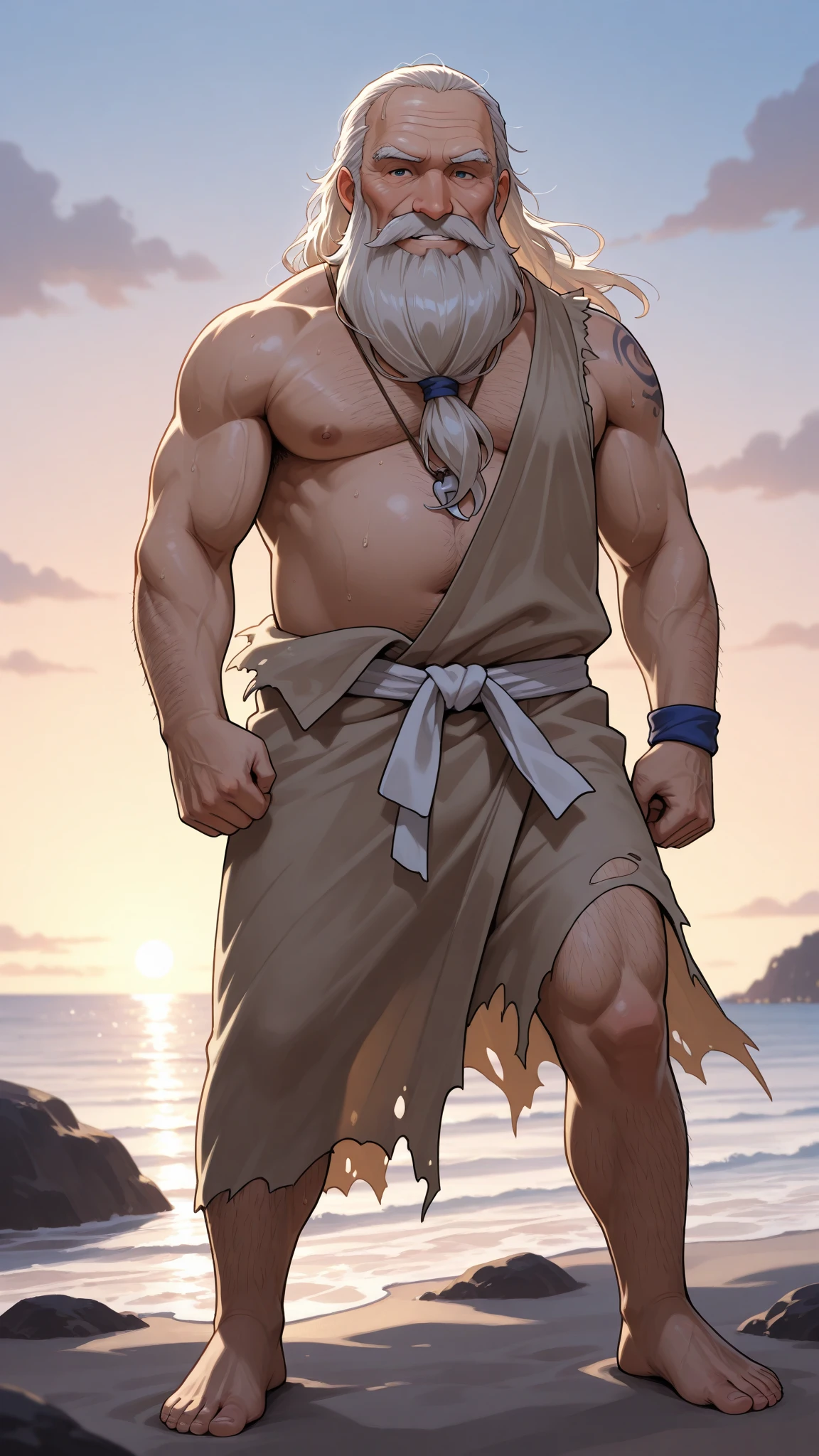 A burly, virile, and hairy dragon, exuding the irresistible charm of a himbo muscle daddy. His middle-aged features, adorned by a long, bushy beard and a thick mustache, reveal a life of experience and adventure. His body, sculpted into a warrior's build and a bodybuilder's physique, is a testament to his unyielding dedication to physical fitness. The hair on his chest and belly forms a carpet of thick fur, while his hairy arms and legs are adorned with a natural, untamed layer of hirsute. Every muscle on his overmuscular and musclebound frame is defined and bulging, veins pulsing beneath the surface, hinting at his incredible strength. Despite his advanced age, his grey hair only adds to his handsome and dreamy appearance.
