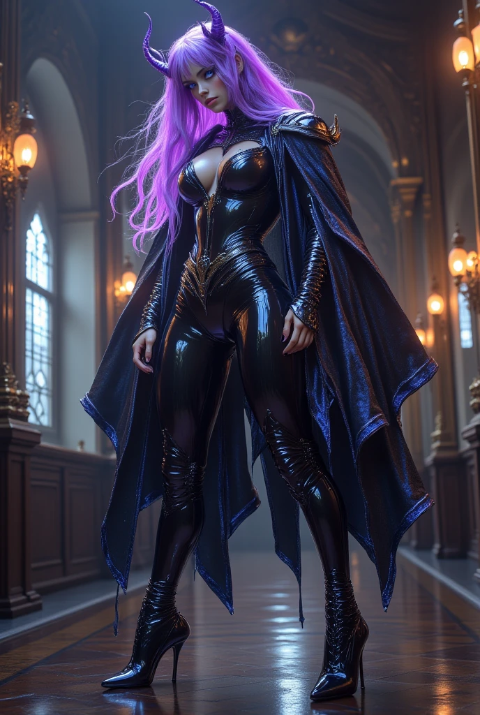 (Woman, riding a dragon with three purple heads with only lightning in its mouth, covered in black armor all over the body, glued to the skin, very big chest) (in a city at night raining, starry sky, with a northern lights)