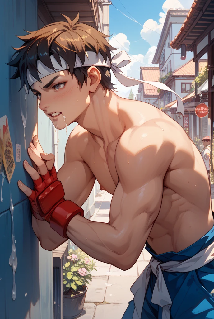 (masterpiece，The best quality，H)，1 person，Naked Man，很shy，Face turns red，shy，muscular，Upper body，Eyes look at the audience，Nude，(Nude)，Blue eyes，No shirt，Upper body，short blue-purple hair，Youthful feeling，young，(Fluorescent lamp)，(One color)，(蓝色background)，Grey Striped Shorts，Thick arms，Broad shoulders，Strong without being bulky，Slender body，（Look down from above），Hairy body，Covered with muscles，Very strong，strongman，huge，maximum，Facial Cleansing，Clean face，Chest muscle expansion，background：A hanger full of clothes,