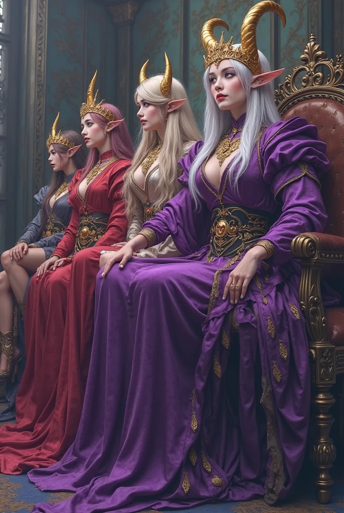 [Core Concept] A gathering of five high-ranking female elven royalty evaluating and discussing the attributes of a man's genitalia.

[Character Description] The five elven women are depicted as regal, elegant, and poised, adorned in ornate, flowing gowns and intricate headpieces that denote their elevated social status within the elven hierarchy.

[Environment/Background] The scene takes place in a grand, opulent chamber within the elven royal court, with ornate furnishings, tapestries, and architectural details that evoke a sense of ancient, magical grandeur.

[Style and Atmosphere] The overall atmosphere is one of refined, intellectual discourse, tinged with a subtle undercurrent of both curiosity and subtle, restrained amusement as the women engage in the assessment of the masculine form.

[Composition] The five elven women are arranged in a semi-circular formation, their gazes focused intently on the subject of their evaluation, creating a sense of formality and deliberation.

[Details and Embellishments] Delicate, ethereal lighting illuminates the scene, casting a warm, amber glow that highlights the intricate details of the women's attire and the sumptuous surroundings, further emphasizing the refined, elevated nature of the proceedings.

[Technical Specifications] The image should be rendered in a detailed, photorealistic style, with a high level of attention paid to the intricate textures, intricate patterns, and subtle nuances of the elven women's garments and the opulent court setting.