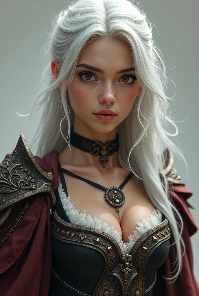 closeup of 1 Beautiful woman, 25 years of American descent, white hair, white skin, large breasts, red mouth (oil painting), 0.4, detailed, (fantasy art), muted color: 0.25, best quality, good anatomy, good composition, good proportions, good design, dynamic pose, good pose, rainy sky with realistic lightning, realistic backgrounds, (cinematic), (highest quality, award-winning, masterpiece:1.3), (art by Arthur Rackham:0.5), (((natural colors))), (photorealistic:1.4), --auto