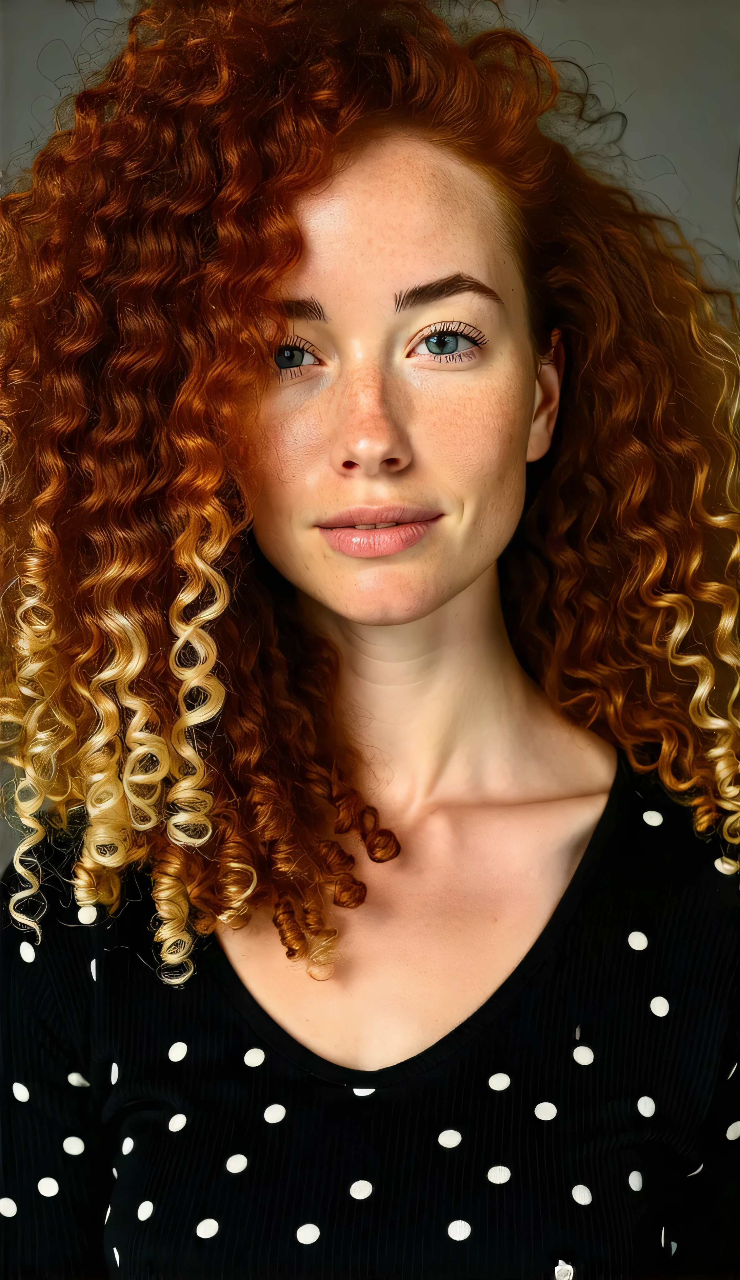 A woman with cascades of vibrant colors, curly red hair that is well groomed and flows gracefully over her shoulders. She wears a black top adorned with small, white polka dots that contrast with the dark fabric. The lighting is soft, , highlighting her rich hair tones and providing a soft texture to her skin, creating a warm and inviting atmosphere. The background is a neutral tone, , , which subtly accentuates the subject without distracting attention from the focal elements. . The overall composition draws attention to the vibrant colors and textures, , creating an aesthetically pleasing image full of contrast and harmonious balance between the subject And the background.