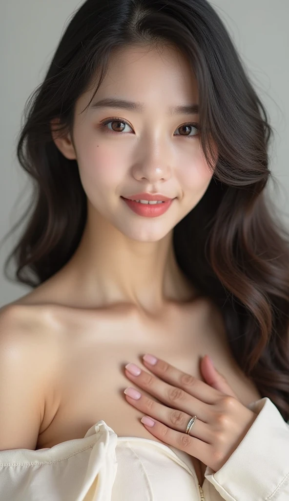 プロのphotograph撮影,85mm lens,Front view,Half Body Shot,photograph,Sharp focus,High resolution,8k,One person,Adult female,Asian slim woman,(Topless woman:1.25),Golden Ratio,Upper Body,(Different facial features:1.12),(それぞれのphotographは異なる顔の特徴です:1.13),(A kind smile:1.25),Textured female hairstyle,([Light Painting|Mood Lighting|Mood Lighting|Chiaroscuro lighting|Courtroom Lighting]),Simple Background,Gray Hair、Small breasts