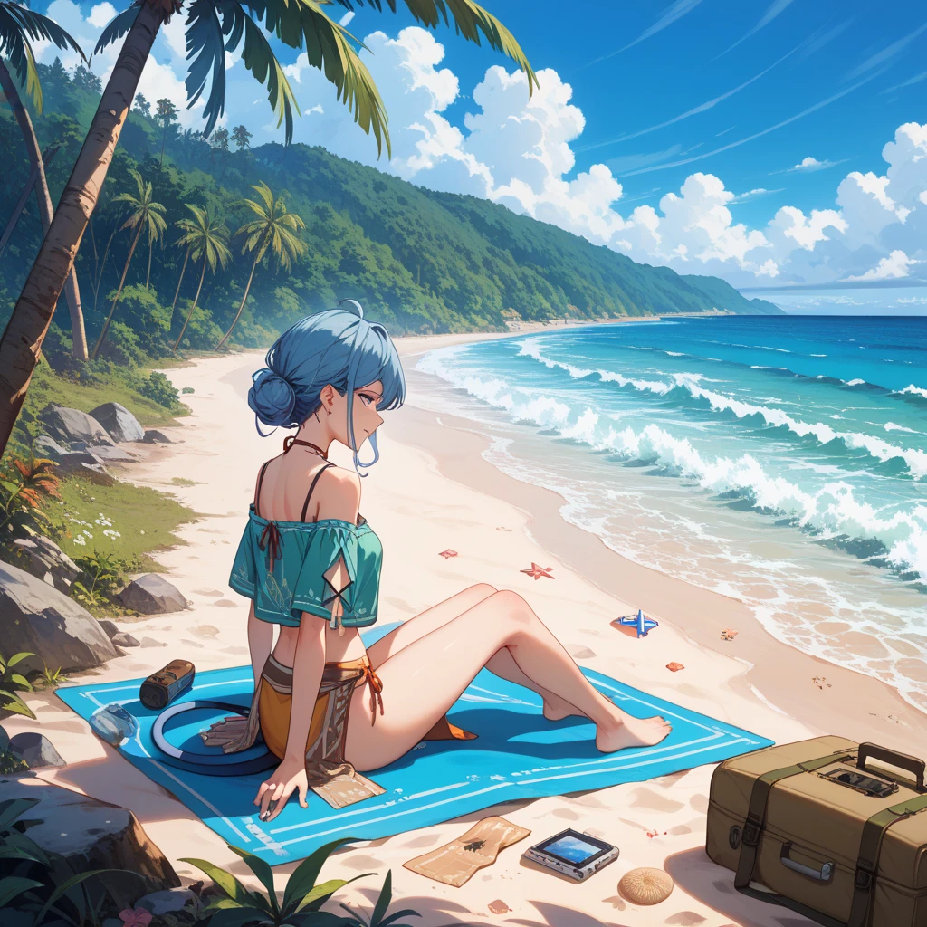 Highest quality、Highest quality、Masterpiece、girl((20-year-old、as soon as、Highest Bust、Medium Bust、Wide open chest、Red glowing eyes、Light Blue Hair、Disheveled Hair、Loincloth、thin、The best valley、Open chest、Full body view、NSFW((Upper body naked、Lower body naked))、headphone、Lying down、Completely naked))、high quality、Beautiful Art、background((Ocean、Wave、beach、Palm tree))、flight、Flying Debris、Depth of text、movie、Visual Arts、Perfect Art、8K、Genuine、Special Angles