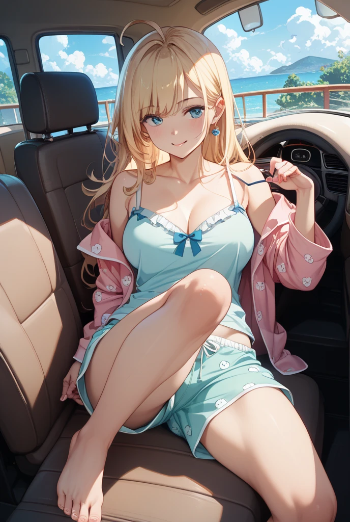 detailed illustration, dynamic angle, ultra-detailed, illustration, 1girl, long wavy blonde hair, long hair, bright blue eyes, hair clip, cleavage, medium breasts, winter, in a car, smiling, sitting in the car, passenger's seat, feet up, happy