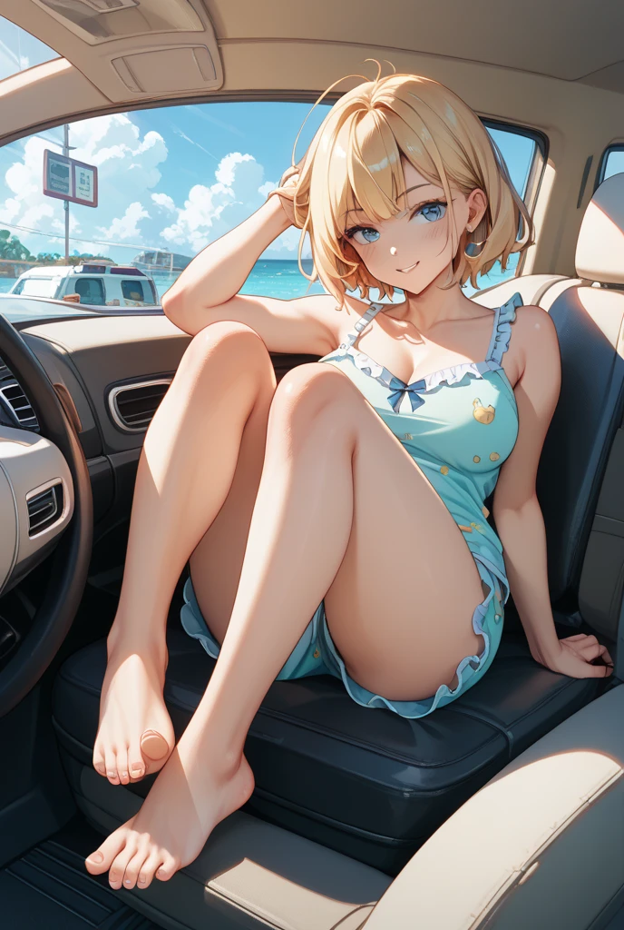 girl with、panties small、opens legs、lighting like a movie、embarrassed from、laying on back、Open your crotch、Light blue underwear、Hand bra、In the street、