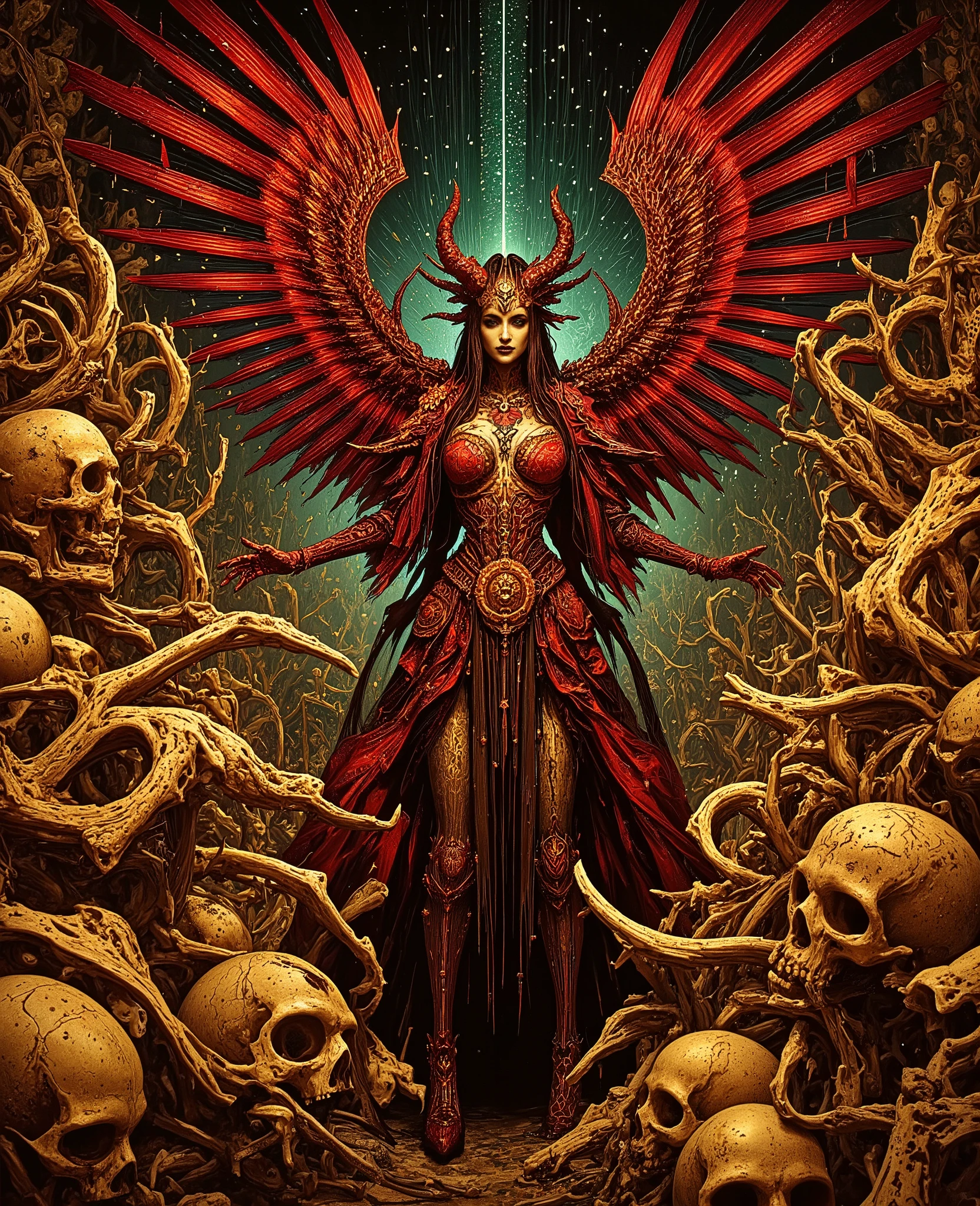  The image is a photograph of a scene in the ossuary, or bone chapel, at the Sedlec Ossuary in the Czech Republic. The scene is densely packed with human skulls and bones, arranged in intricate patterns and structures. Seductively posed amidst bone art of the dead and surrounded by a aura of darklight we zoom in to a half body portrait of a striking woman of vivid beauty and terrifying self-possession, she has monstrous raven wings, beautiful succubus, fallen archangel, raven winged female vampire baroness, Duchess of Hell, gothic fantasy art, Captain-Commander of Hell's Crimson Reavers, Deathknight , Lilith The First Vampire, fantasy dark art, demoness, gothic maiden of the dark, succubus | medieval, goddess of wrath, want to create a tableau dedicated to portraying Lilith, queen of demons, first wife of Adam, first succubus. masterpiece. best quality. Aesthetic pose, perfect anatomy, gold and dark purple decorated warbraids,  radiantly ironic  and sinister eyes,beautiful cinematic painting, dark dramatic character, tattoos of demonic script all over body, sinister beauty, shapely tall figure, curvy lush body, a vibrantly sensual and murderous paragon of death seems a 20 year old Alexander the Great in feminine aspect, the same mad genius and presence of majesty only gods dragonslayers convey. Heroes and madmen, wizards and trickers, Violent Gods and Calculating devils and archangels of holy fire, cthonic elder horrors and Demiurges. She is a Goddess, with dark godrays crowning her glory and terrible beauty, masterpiece:1.3,  perfect big breasts, beautiful hands  ,  Glowing Skin , Face Focus , Delicate skin  ), Perfect Face，depth of field，panoramic，full body shot, Realistic Portrait  ，   exquisite five-fold ，Perfect Face 、（steam）， panoramic，full body shot,  , waves of layered crimson hair fastened  with jewelry for armor, Sleeveless Tank Top with ample tattooed cleavage ，  Fit leather Dress armored in diabolically engraved bronze scales  ， combat boots  The image