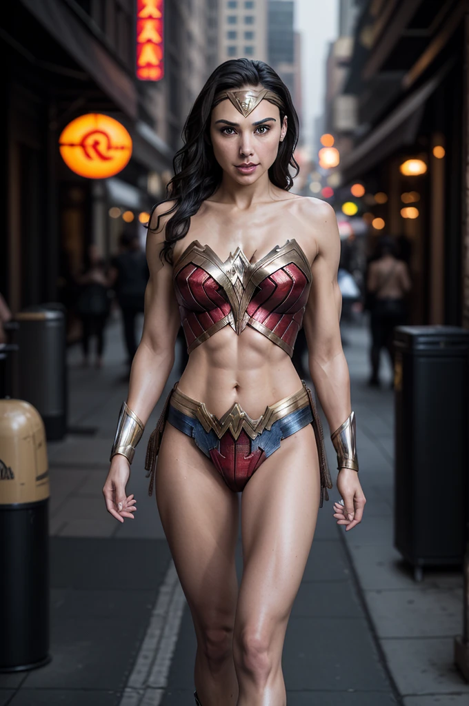((masterpiece, 8K, 3D, Realistic, Super Detail)), (1girl:1.3), slender 17 age, Ultra Micro photography, Super realistic, Perfect face, Beautiful features, ((Perfect female body)) Beautiful features, ( body), ((small hip)), Melissa Benoist as Wonder woman in 2 piece Bikini, ((Exposed thigh)), Exposed Skin, Front Full body Shot, full body portrait, futuristic city background