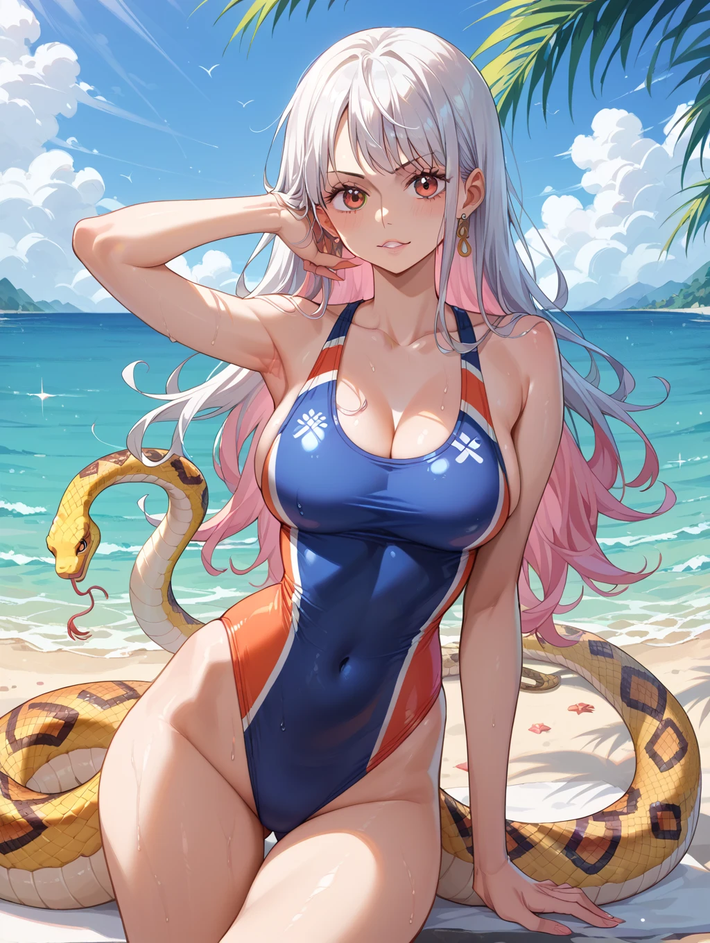 (Photorealistic:1.8, highest quality:1.8,8K masterpiece:1.8,High resolution,Mastepiece:1.8,RAW Photos,Cinematic lighting),No split screen、Sunset、Pool、
(Maid Bikini Woman)、Completely naked、choker、Big Breasts、A tiny micro bikini that reveals the underside of the breasts、(((Underboob)))、Beautiful ass、Beautiful thighs、Plump nipples、cameltoe、Normal ear、correct2Benzu、(Soryu Asuka Langley)、
Pop-style body painting on the whole body、
(Hanging by Tentacles:1.6)、(Countless tentacles entangle the body: 1.5)、(Tentacles clinging to:1.5)、(Tentacles tangling in the thighs: 1.5)、(Tentacles tangled in both legs:1.5)、Tentacles groping nipples、Tentacles caressing the groin、Attacked by tentacles、Random Pause、
180 degree split、Lift your hips、A rich expression、fun、Embarrassing、Feels good、Happy ahegao、Appealing gaze、
(Beautifully shining crimson blue red white black silver hair:1.5)、Sparkling Blue Eyes、Fine Lines