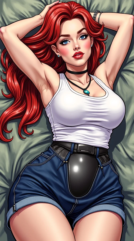 drawing of a woman in a red bikini and red shoes, Garota musculosa, mulher em forma, Menina apta, retrato de corpo inteiro de jean grey, mulher fisiculturista, muscular character, mulher forte, exaggerated muscular physique, retrato de darna moderno, becomes a curvy physique, feminino e musculoso, character is in his natural pose, bodybuilder superhero bikini, muscular!, parte superior completa do corpo