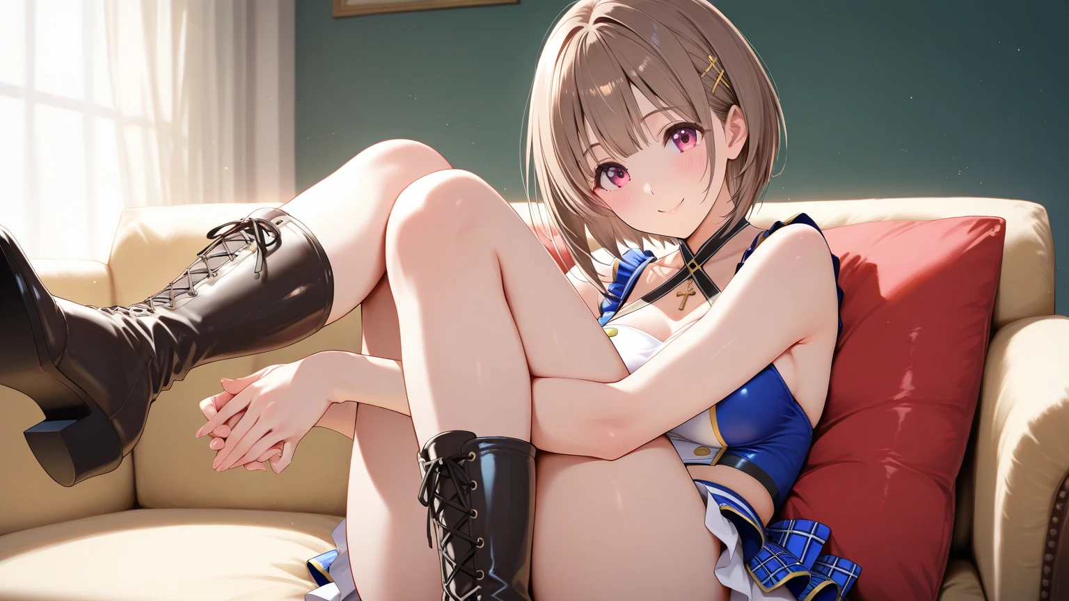 (Masterpiece, highest quality, high resolution, realistic photo, realistic looking skin:1.1),
(The woman is crouching with her legs closed with both knees and thighs together: 1.8), 
(We are sitting directly in front of her to see her panties: 1.8),
(She is resting both elbows on her knees and resting her cheekbones on her cheekbones:1.8),
(glimpse of panties: 1.5),
(smiling kindly expression:1.8),
(She is wearing a white sleeveless knit: 1.8),
(She is wearing a mini-skirt: 1.8),
(She has bare legs and bare feet:1.8),
(panties are white with a pattern: 1.5),
(She has medium brown hair: 1.8),
(She is 18 years old and has a young face: 1.5), 
(She is the most beautiful girl in her grade: 1.5),
(She has ample breasts: 1.5),
(Location: apartment living room:1.5),
1 Japanese girl, solo, full bodied esbian, beautiful eyes, shining eyes, shining thighs, NSFW
