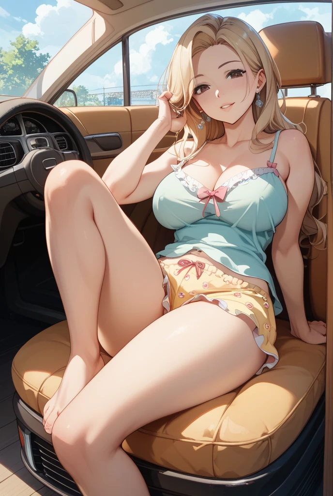 masterpiece, high quality, 1girl, gyaru, blonde hair, pink eyes, hips, transparent bra, floral panties, high heels, curvy body, big legs, big buttocks, big breasts, in a train compartment, exquisite interior, window view, bridge, sea, mountains, sunset, city, neon light, night, bed, sofa, pillows, sconces, flowers