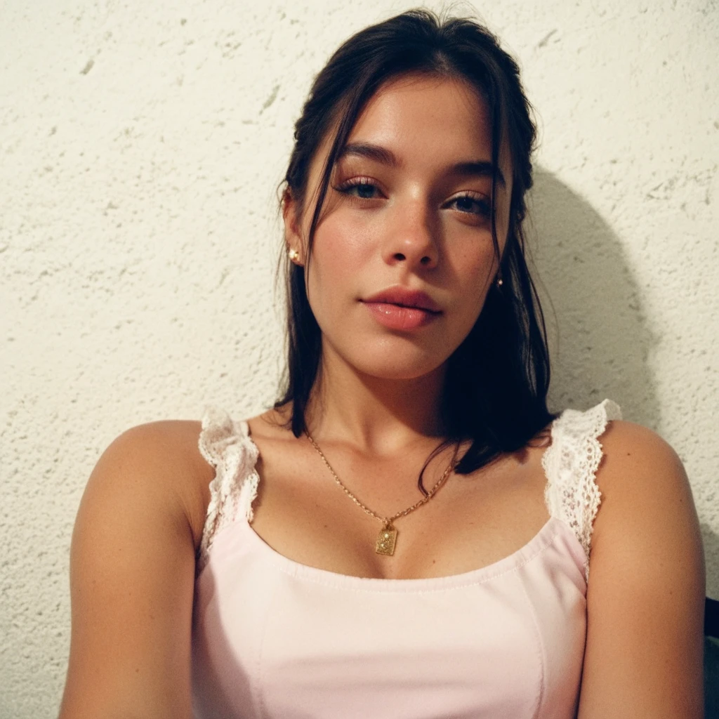 Realistic selfie photo of brunette latina with long thin face and prominent chin, long dark hair. She is sitting on a small wooden chair on balcony outside taking a selfie photograph of herself. She has arm stretched to front of camera as if taking a selfie photo. Selfie photo perspective. Wearing a pale blue summer robe. Raw photo. 1 woman ((selfie, phone selfie))