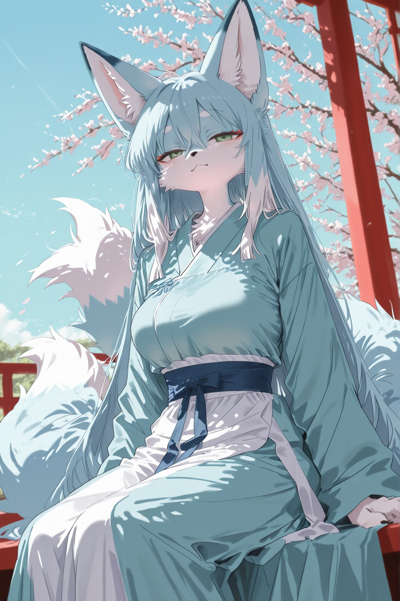 Kemono,Furry, fox woman, sky blue fur, long fluffy tail, big breasts, beautiful and elegant, wearing traditional Hanfu in sky blue, green eyes, kemono style, fluffy fur texture, long fox ears, shav, sit