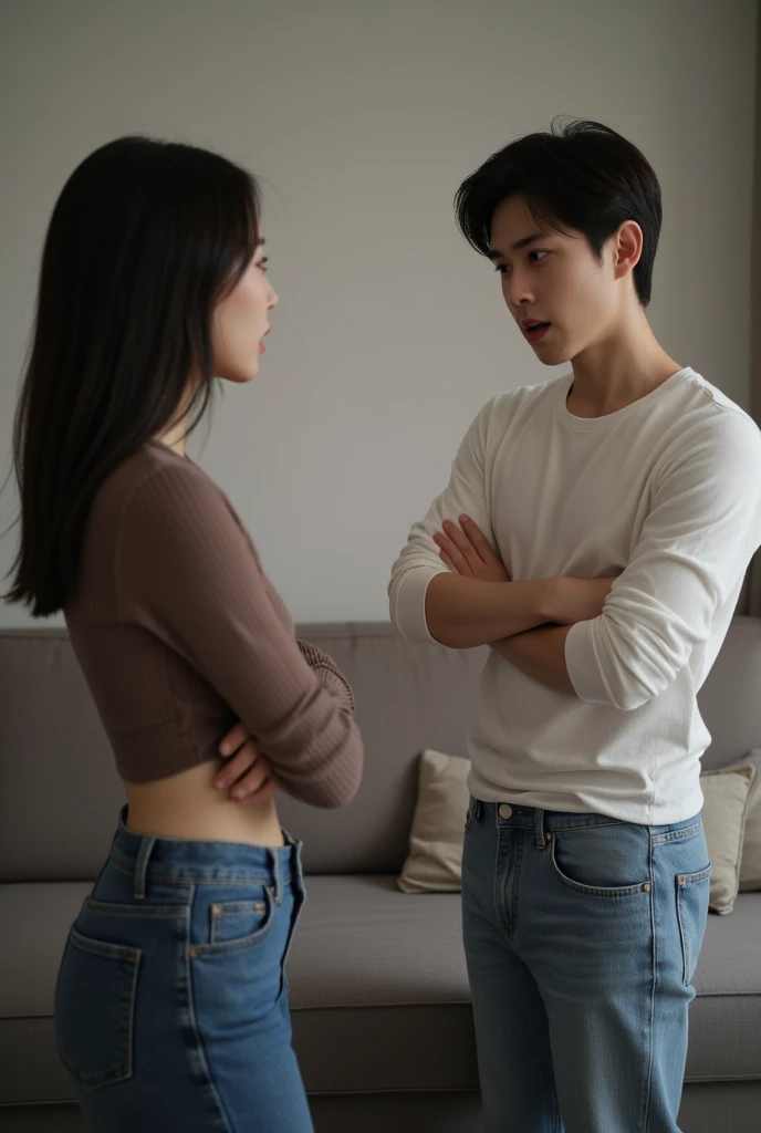 A handsome psychiatrist docter and his pretty mad pshycho girl patient. Patient girl wearing white t shirt and black jeans, mad girl. Docter wearing docter dress