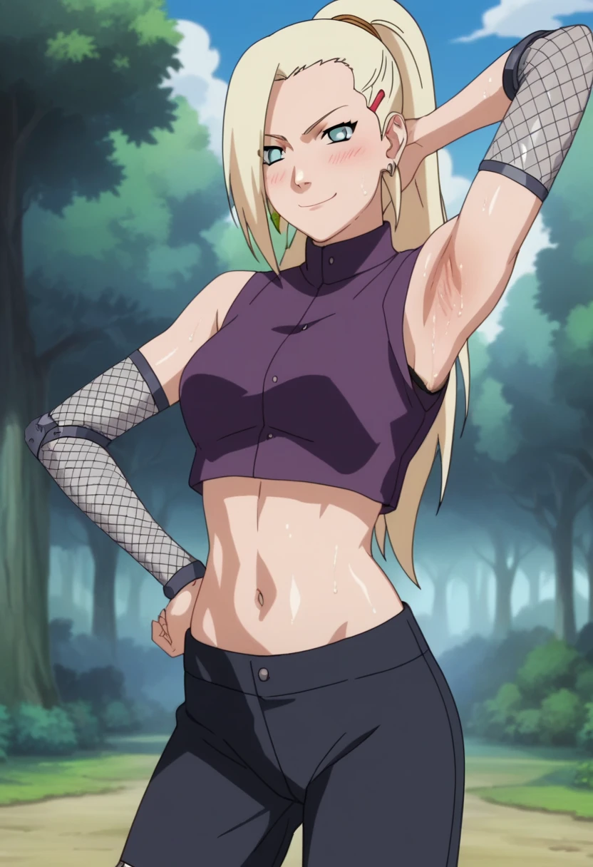 yamanaka ino, purple crop top, sleeveless, shaved armpits, long blonde hair, bangs, masterpiece, NSFW, ((nipples)), (black biker shorts), (((show cameltoe))), (in the forest), gloves, (((very sweaty armpit)))