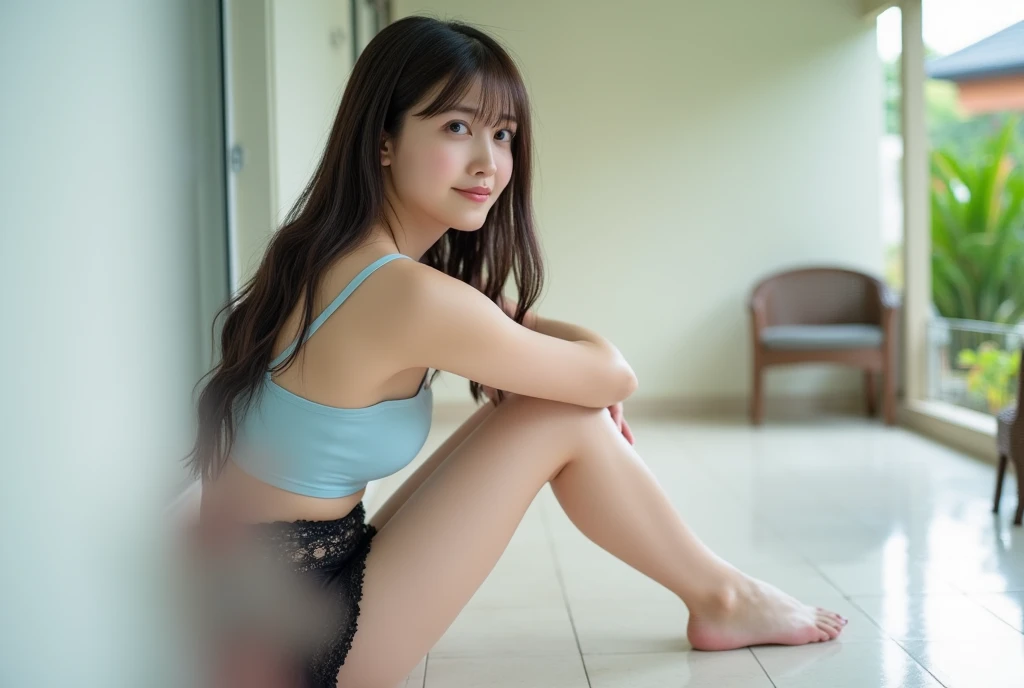 ultra high definition photo、accurate depiction of the human body、exposed to sunlight from the front、Full body Esbian、first grade girl、"Photographed alone"、Very accurate super young girl、very very young face、charming smile、Sweat、M-shaped spread legs、swimsuit