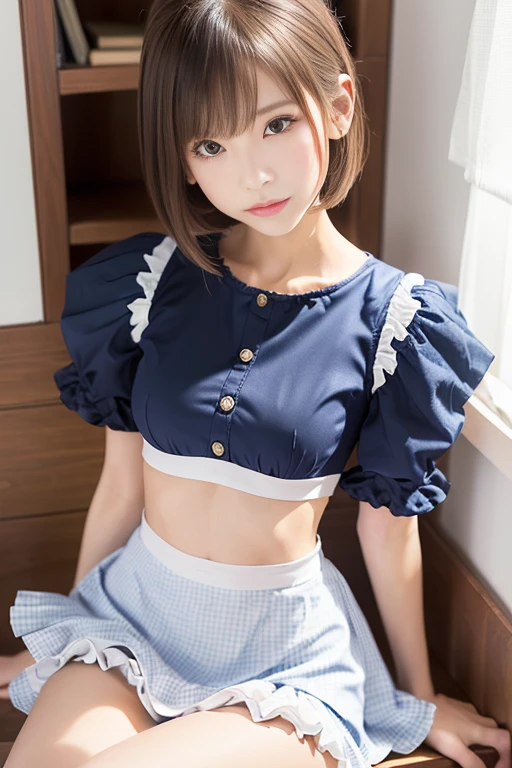 masterpiece、1 beautiful girl、A detailed eye、Puffy eyes、top-quality, 超A high resolution, (Realisticity: 1.4), OriginalPhotographs, 1girl in,cinematlic lighting、japanes、Asian Beauty、Super beauty、Beautiful skin、A slender、The body is facing forward、(A hyper-realistic)、(hight resolution)、(8K)、(ighly detailed)、(Best Illustration)、(beautifully detailed eyes)、(ultra-detailliert)、A detailed face、looking at viewert、Facing straight ahead、neat and clean clothes、Sleeveless、short-hair、A dark-haired、46-point diagonal bangs、Room with white background、neat atmosphere、Perfect Anatomy、