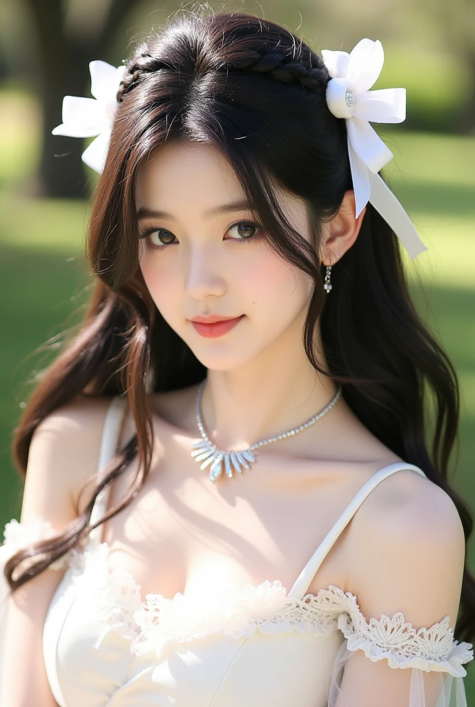 closeup on face, Face shot, (White dress :1.7), short  miko skirt, Long streamers, blonde hairs, golden hair, (Pointed ears: 1.5), (Gold pattern quality:1.3), female pubic hair, with long blond hair, Off-the-Shoulders, Top detail CG quality 4K wallpaper, Master, A Masterpiece, portraits, The middle, Watch the footage, Beautiful Chinese-Korean mixed race idol, ((Super fine face, detailed description of facial features)), Lip biting makeup, Sweet smile, Perfect facial features, Model figure, Good complexion, the trees, branches, Golden meadow, stream, Golden leaves, Evening, Twilight, The setting sun, Twilight, autumn, twin braids, hair strand, diagonal bangs, hair ribbon, hair ornament, forehead jewel, jeweled branch of hourai, crescent hair ornament, fish hair ornament, hime cut, low ponytail, realism, god rays, sparkle, cinematic lighting, lens flare, UHD, high details, high quality, highres, best quality, 8k, 16k, high details, high quality, super detail, anatomically correct, masterpiece, ccurate