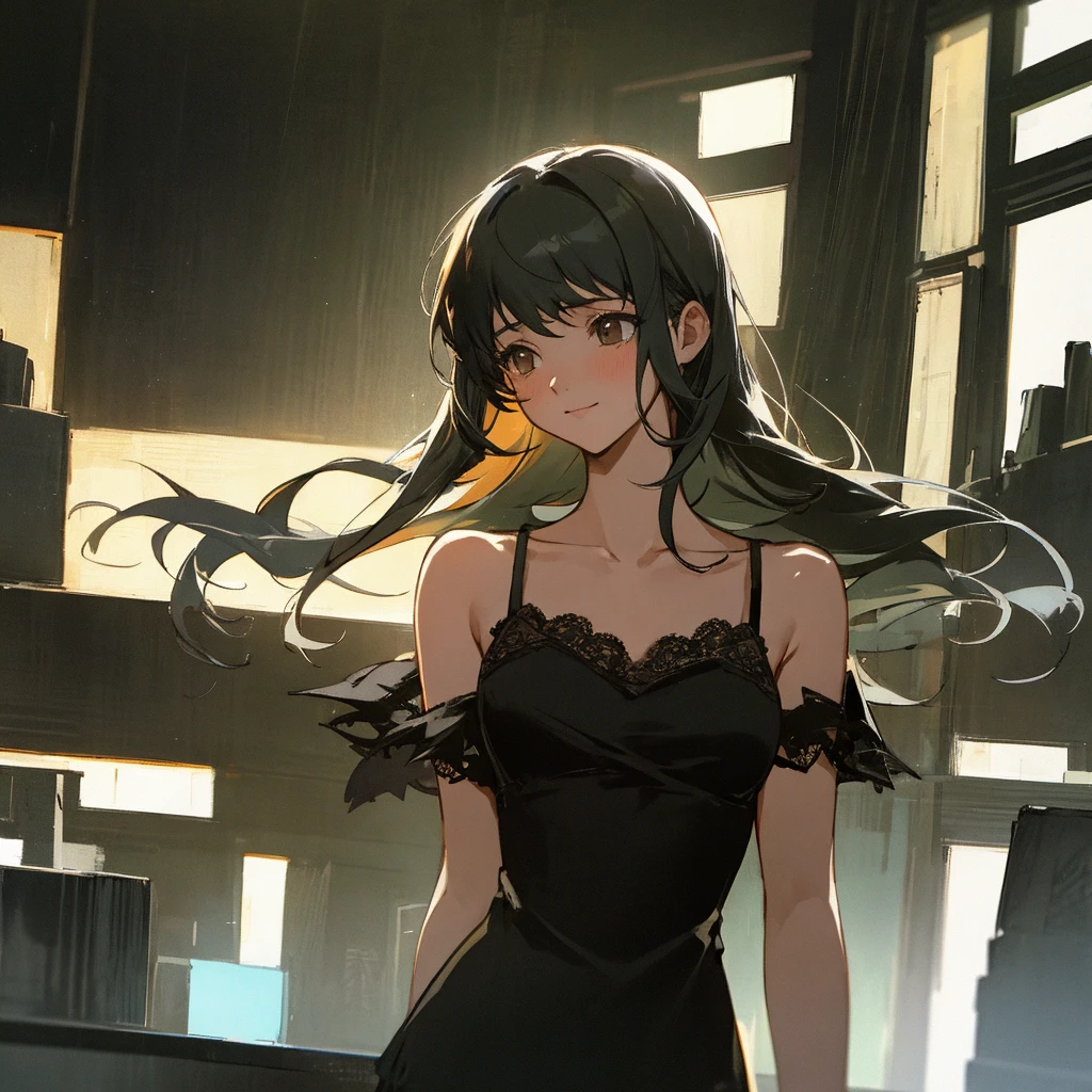 (top quality, masterpiece, high quality, ultra-delicate), ((beautiful girl)), (((adult)), ((Pure Dark black hair)), mature, graceful curves, ((long hair, long bangs)), ((bright green eyes)), ((detailed eyes)), nose, bangs, black collar, ((Revealing white Party Dress, slit skirt)), V neck, , standing casual ribbon, charm, shoulderless dress, fashion, thick thighs, green earrings, Good Lighting, Sunset.