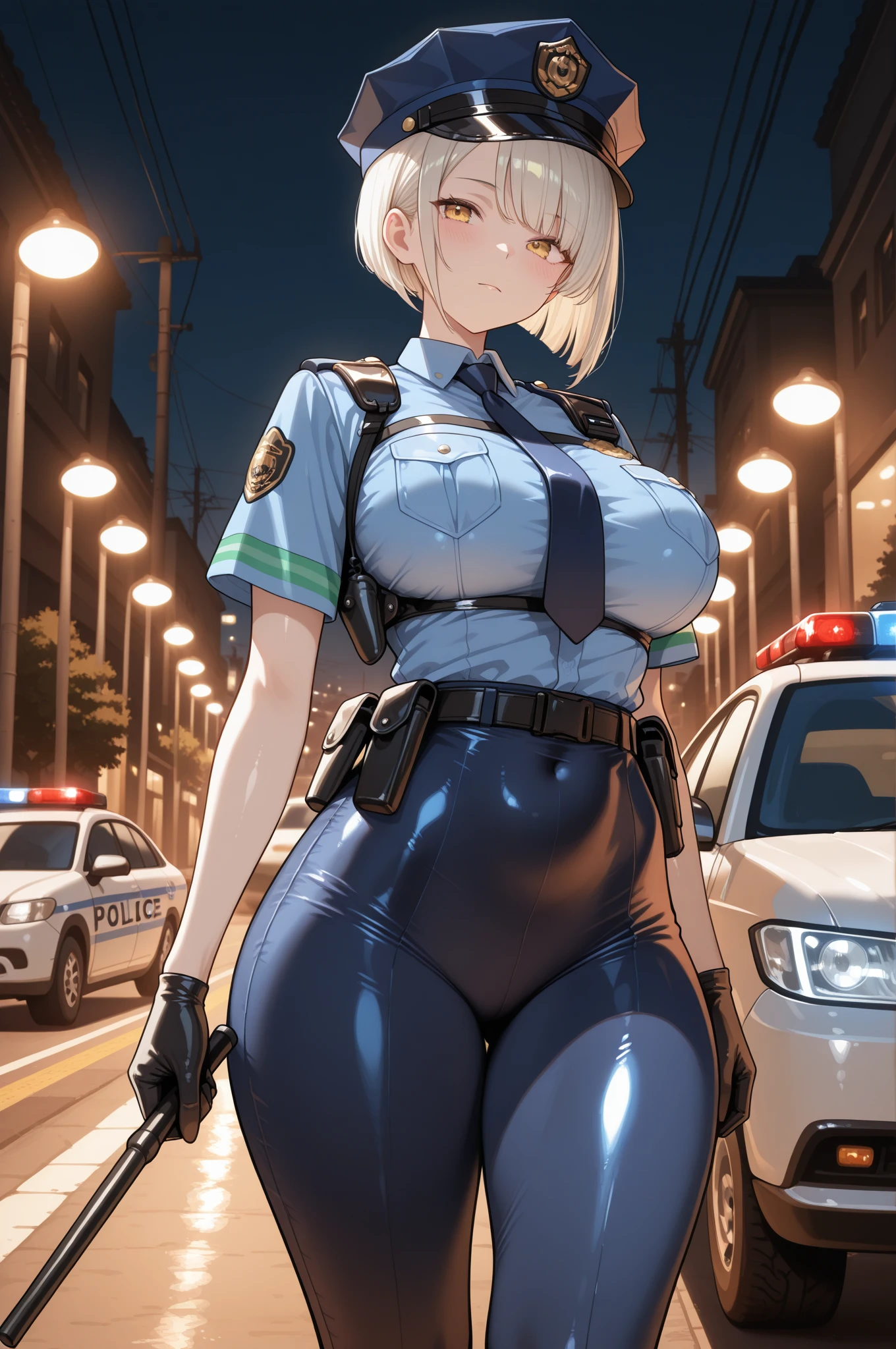 masterpiece, best quality, highly detailed, cowboy shot, portrait, text that says "do not cross"
harem, police woman, large breasts, petite, white jacket, (beltbra:1.2),(caution tape:1.3), deep skin, skindentation, 
BREAK
city, alleyway, red_and_blue_lights, (police_car:1.2), siren, crime_scene, night, dark theme,  ty), (clouds), add_detail:1, hair over eyes, hair over one eye, gigantic boobs, tits, hyper largest_breasts!! with the type of boobs_melons, huge ass, wide hips, thick legs,
